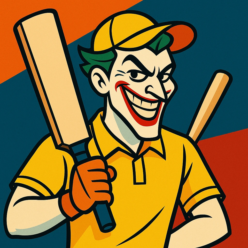 joker, smiling mischievously, wearing a yellow cricket jersey and cap, holding a cricket bat emoji