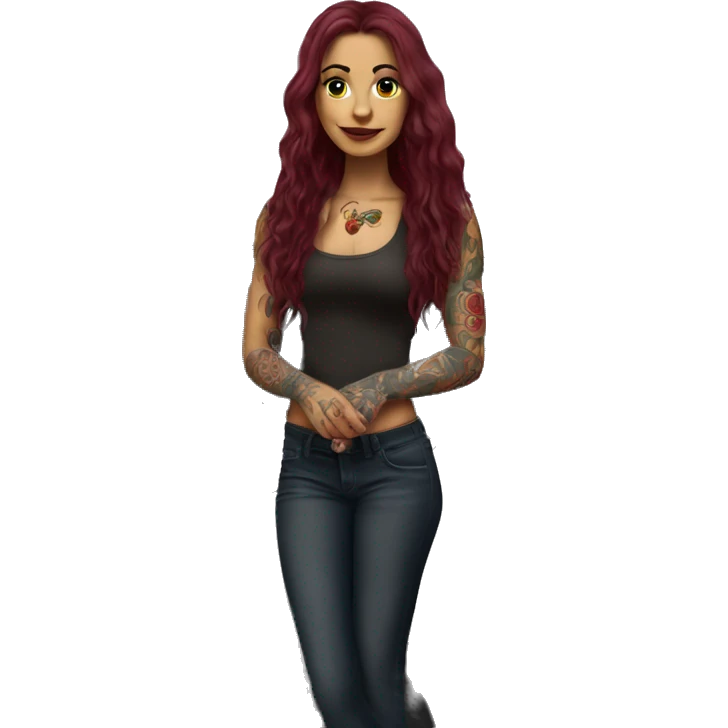 Beautiful tattooed burgundy long haired woman standing next to a car emoji