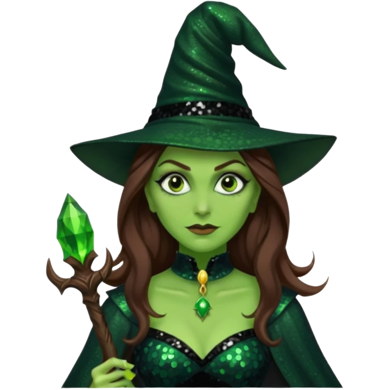 The Wicked Witch from Oz with long brown hair, green skin, black sequin outfit emoji