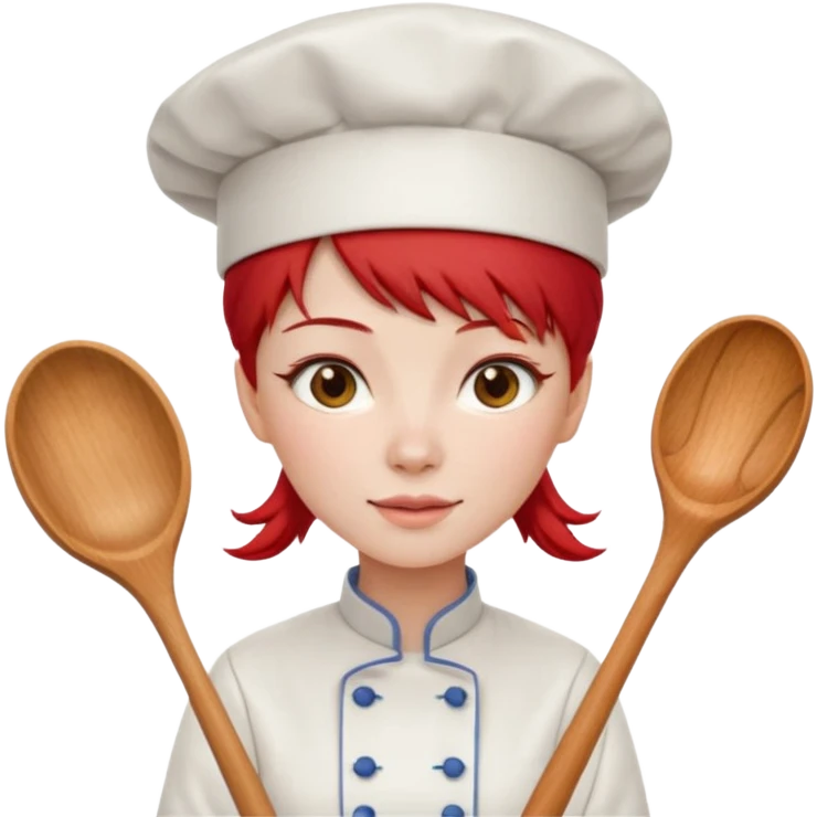 A woman with red Chinese hair and a chef's outfit, chef's hat and a wooden spoon emoji