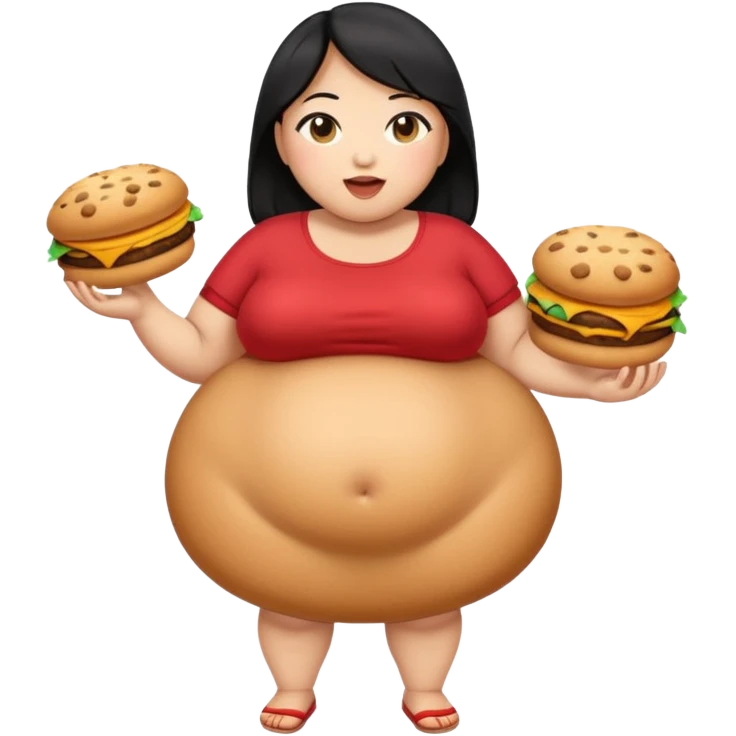 create a humongous asian girl with black hair, with 2 burgers and a cookie in her mouth, she is super obese, please make her a full body emoji, mega huge tummy   emoji