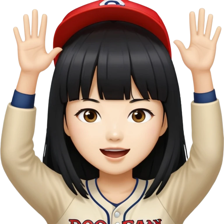 East Asian woman with long black straight hair and bangs cheering for Doosan Bears baseball team emoji