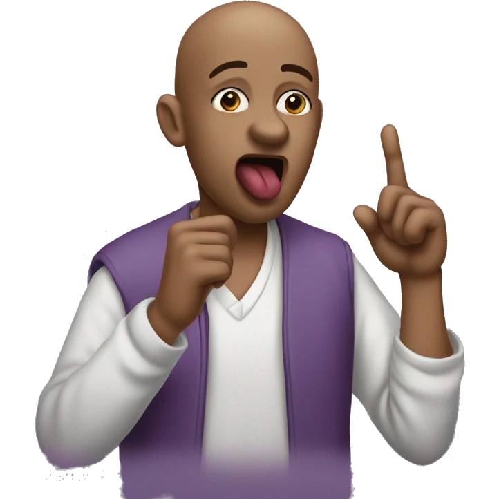 Bald purple skinned man putting their pointer finger on their mouth while pursing their lips (doing the shhh 🤫 expression) emoji