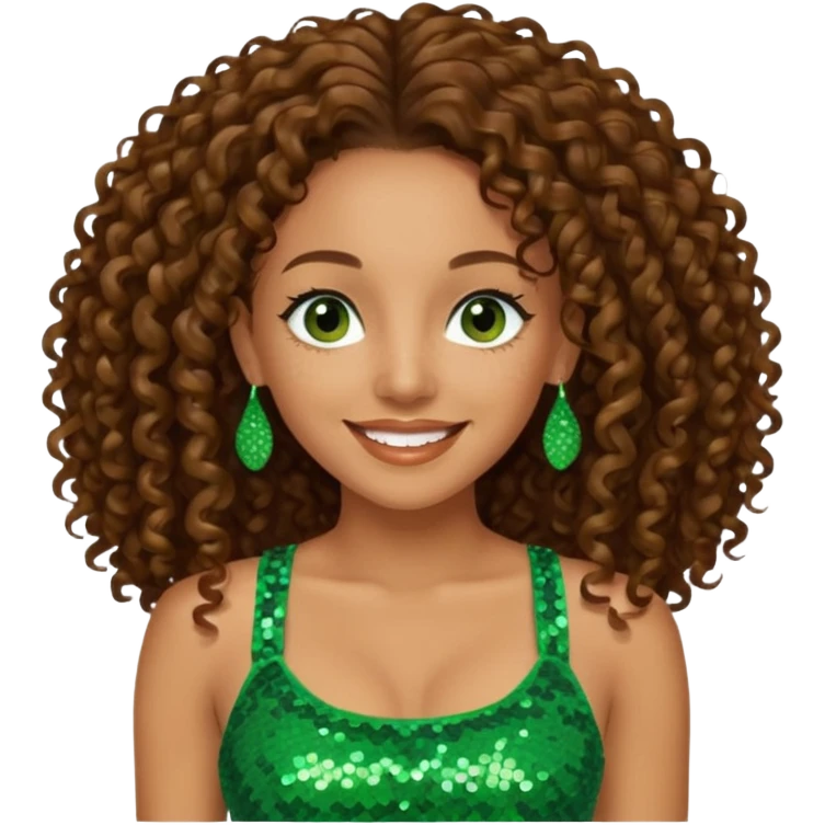 Melanie Brown with long brown curly hair, green sequin crop top, dark brown eye emoji