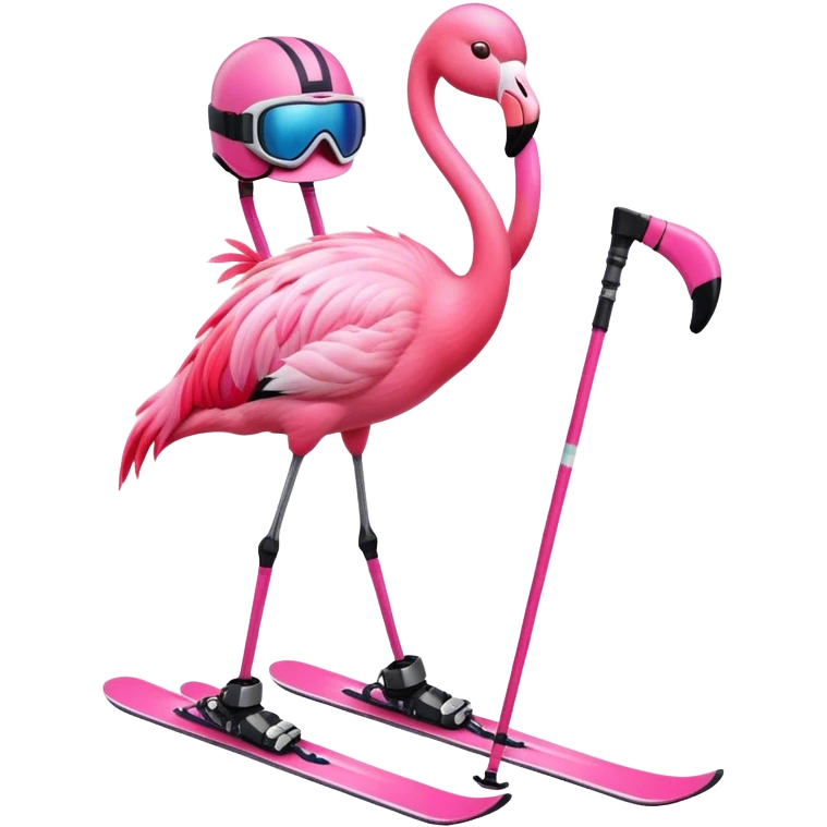 A Skiing Flamingo with ski helmet on the head , wearing ski goggles , ski and ski boots. With one head and two legs emoji