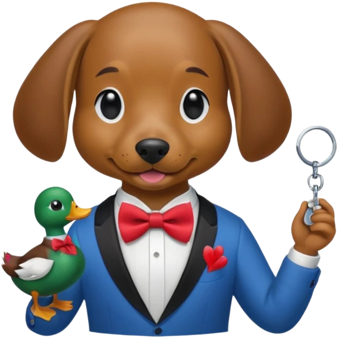 A dog holding keys in one hand and a duck in the other, all with a half-red, half-blue bow tie. emoji