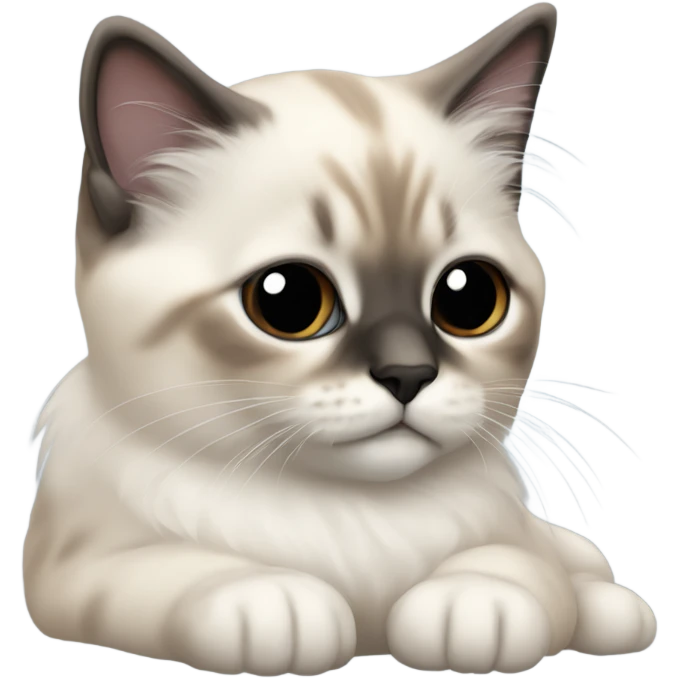 an entire birman kitten, small face, some spots of dark on the ears and middle of the face, laying down relaxed on a shoulder. emoji