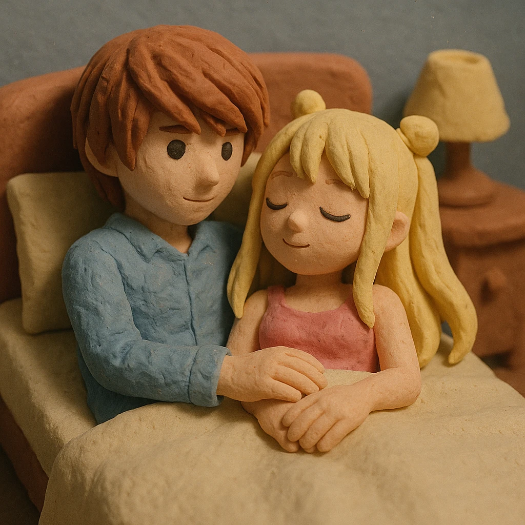 Light Yagami and Misa Amane in a bed, soft colors, claymation style emoji