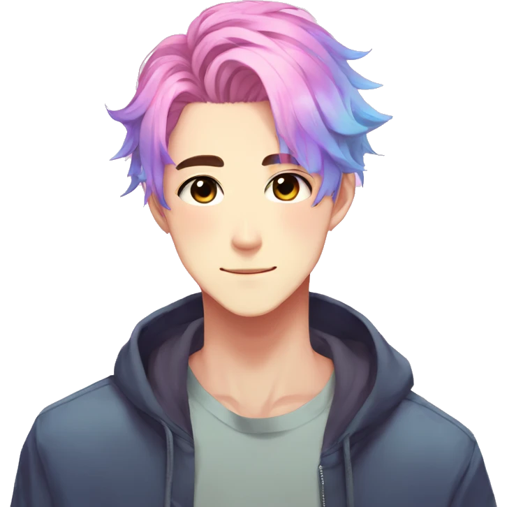 Gorgeous anime style guy with blushing face aesthetic and pretty colorful shiny gradient pastel hair trending style emoji