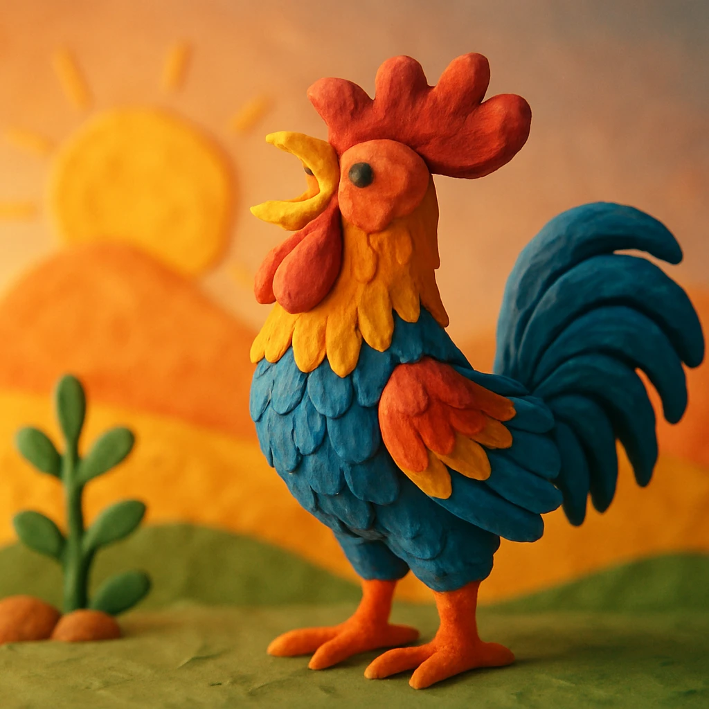 rooster crowing at sunrise, vibrant colors, soft lighting, detailed feathers in claymation style emoji