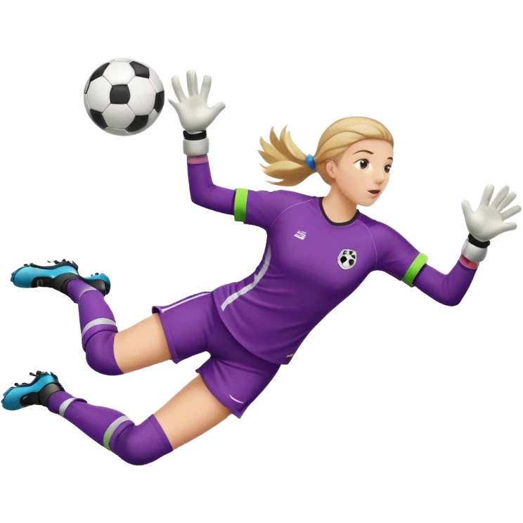 make a girl goalie diving through the air sideways with one soccer ball in both  hands  emoji