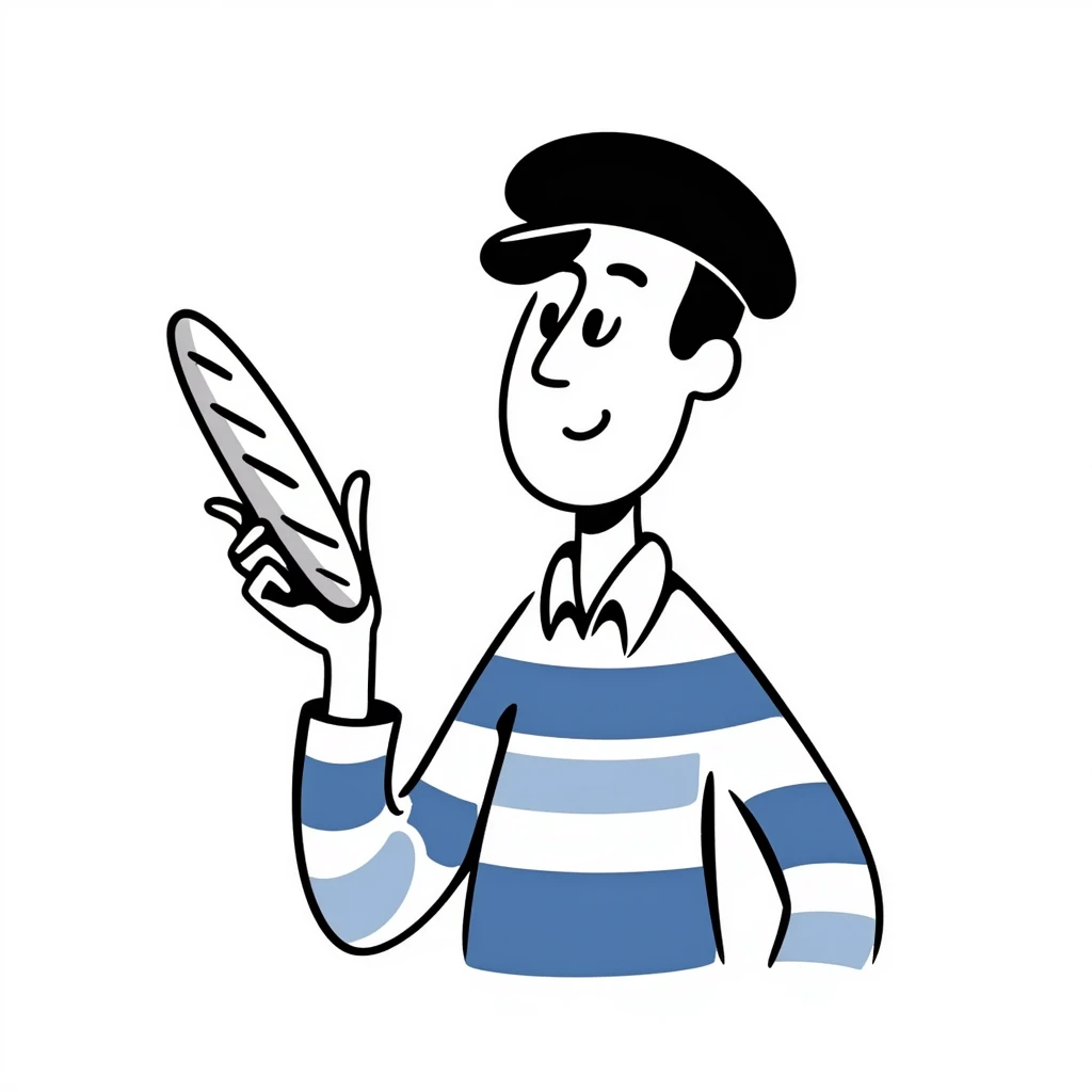 French man with blue and white striped shirt, black beret, holding a baguette emoji