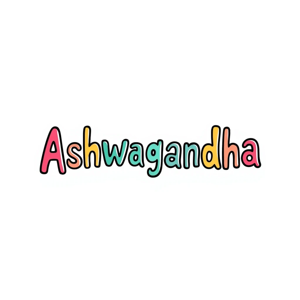 The word "Ashwagandha" hand-drawn in a vibrant tropical color scheme with pinks, teals, and yellows. Simple doodle style with minimal decoration. emoji