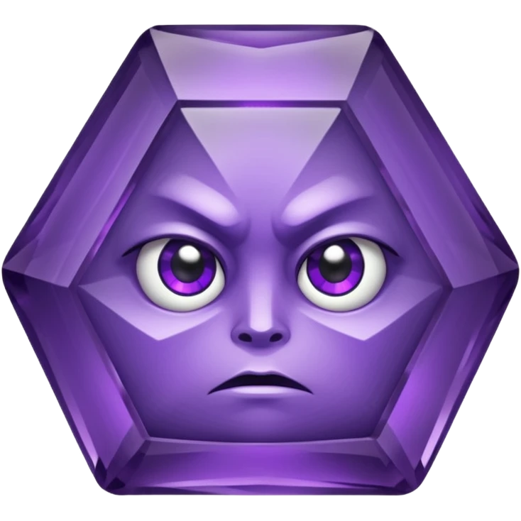 Single gemstone amethyst character, squat and heavy like a rock, with carved facets with eyes emoji