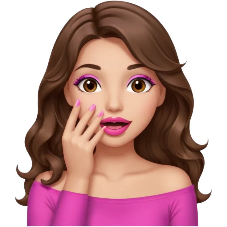 girl with long wavy brown hair, brown eyes, long lashes makeup, sexy pink lips, light to medium complexion, pink sexy top, sexy, gigling hand covering mouth emoji