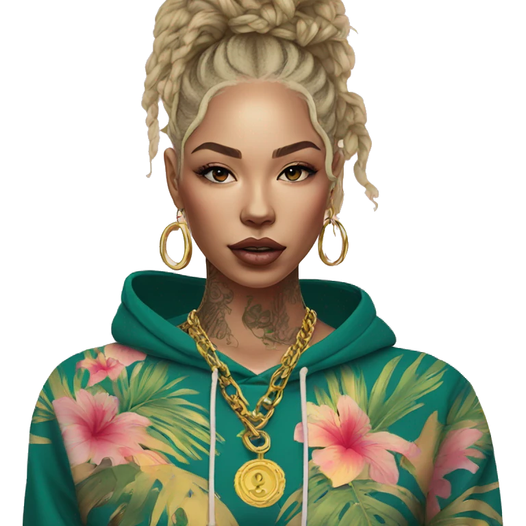 Trendy lady tropical baroque hoodie with tattoos and gold chain emoji