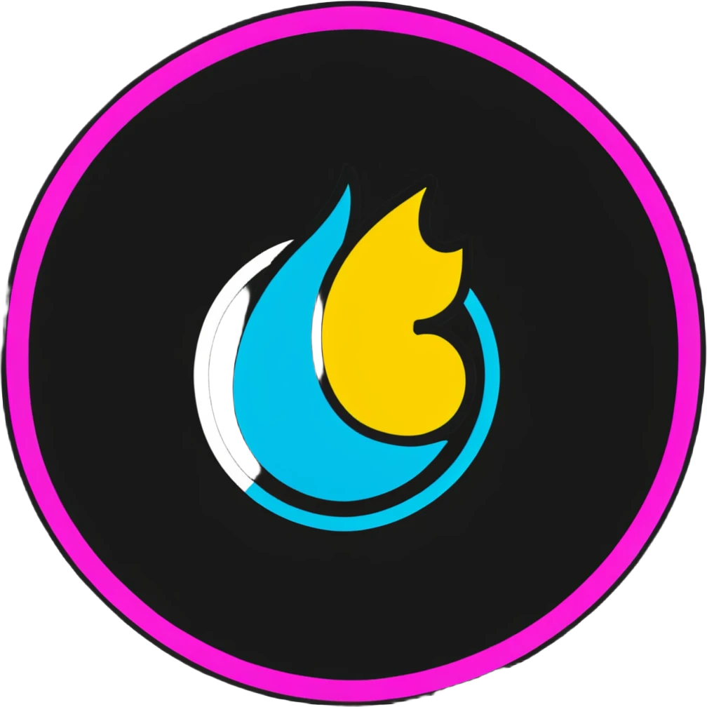 Minimalist sticker with white 'tt' letters on a black circle with cyan, magenta, and yellow dots below, fire emoji with street style influence emoji