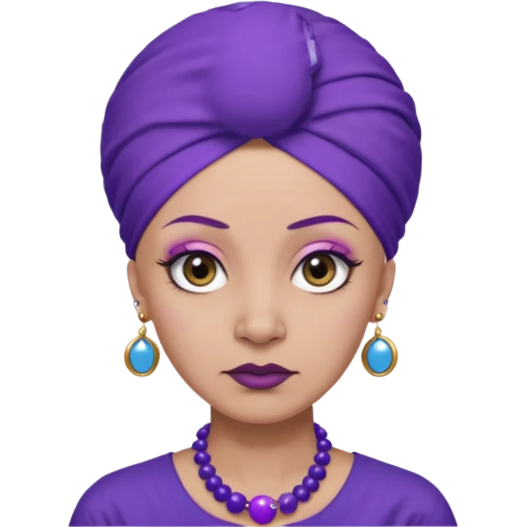 make her skin purple, she has no hair and her eyelashes are huge and she's old and and mean looking with a purple turban with big blue circle earrings and a purple big collared shirt emoji