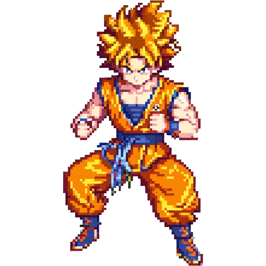 Goku in pixel art style, spiky hair, orange gi, fighting stance emoji