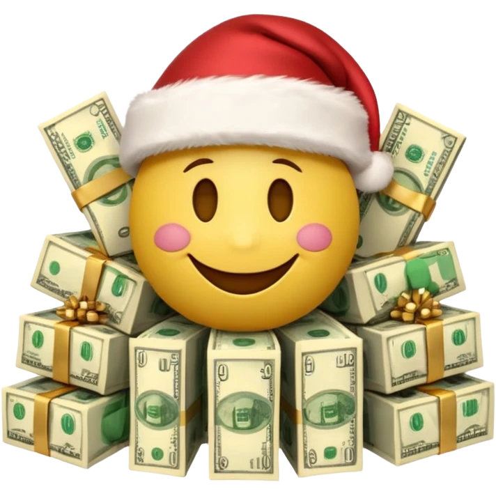 A festive 3D emoji style yellow smiley face wearing a Santa hat, surrounded by stacks of cash and dollar bills, joyful expression, Christmas and New Year theme, high quality, clean design, studio lighting, no text, no background, isolated object, transparent background, emojis.com style emoji