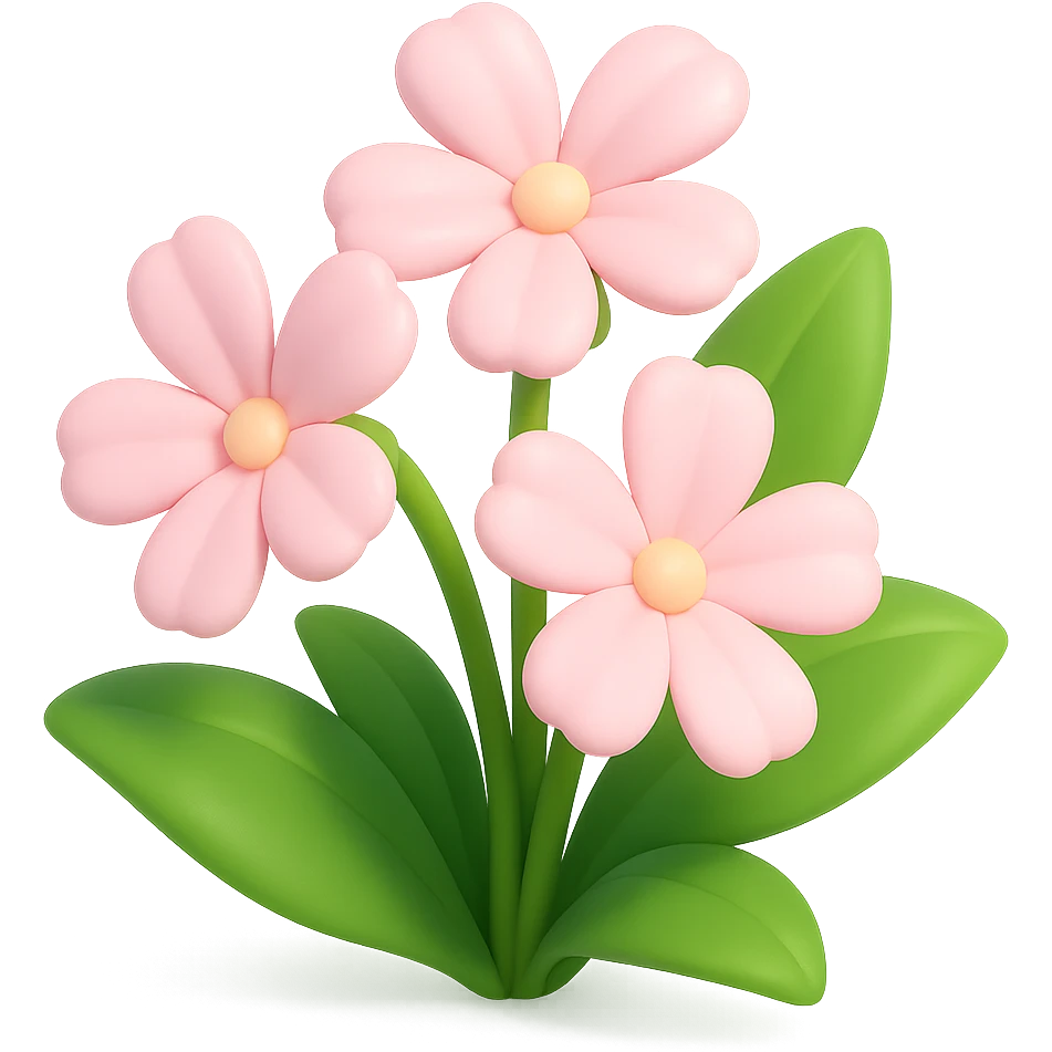3D iOS-style cartoon soapwort (Saponaria) flowers with exaggerated cute pale pink petals and big green leaves, playful proportions, soft lighting, glossy effect, no background, without a face or smile, in GPT Image style emoji
