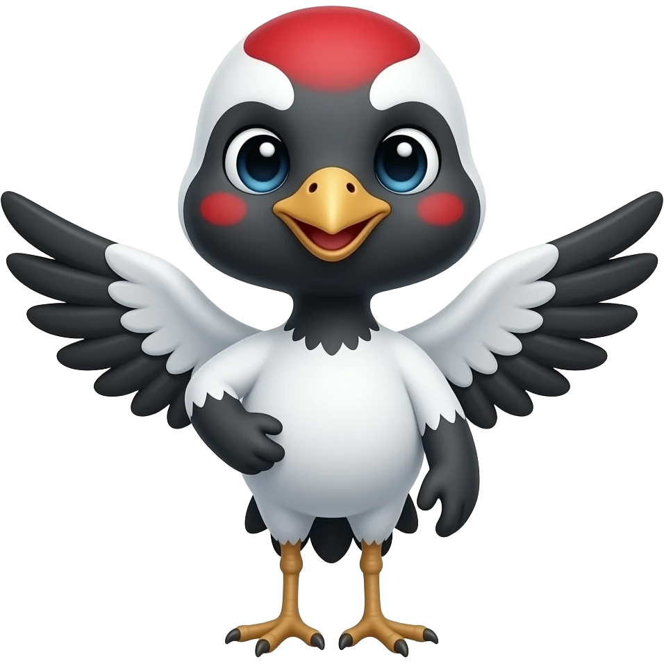 cute mini crane, smiling his wing using looks like human and front side crane bird muted gray or white plumages, marked with black, and red bare patches on the face emoji