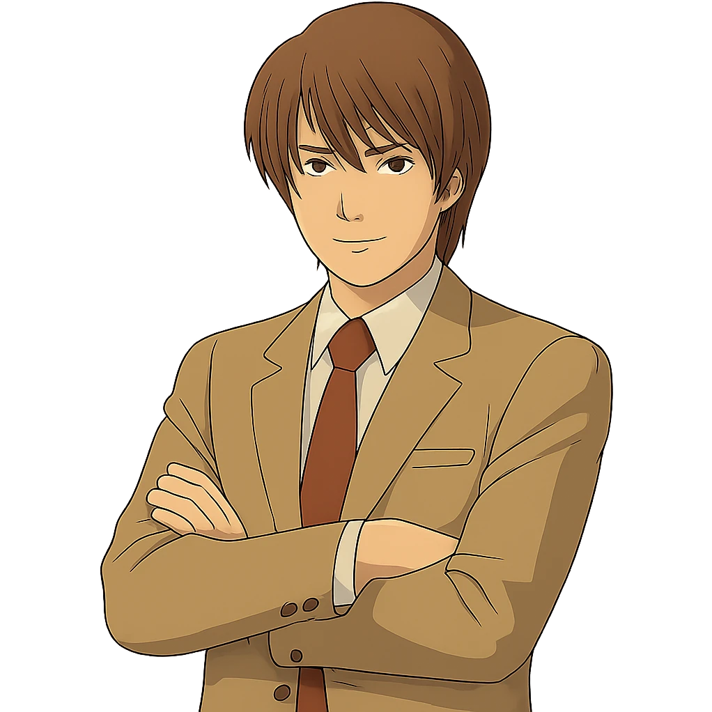 Create an exact Light Yagami in Ghibli style, standing with his arms crossed, wearing the same suit, with the same confident expression. Match the face, hair, and suit details exactly to the reference image. Transparent background. emoji