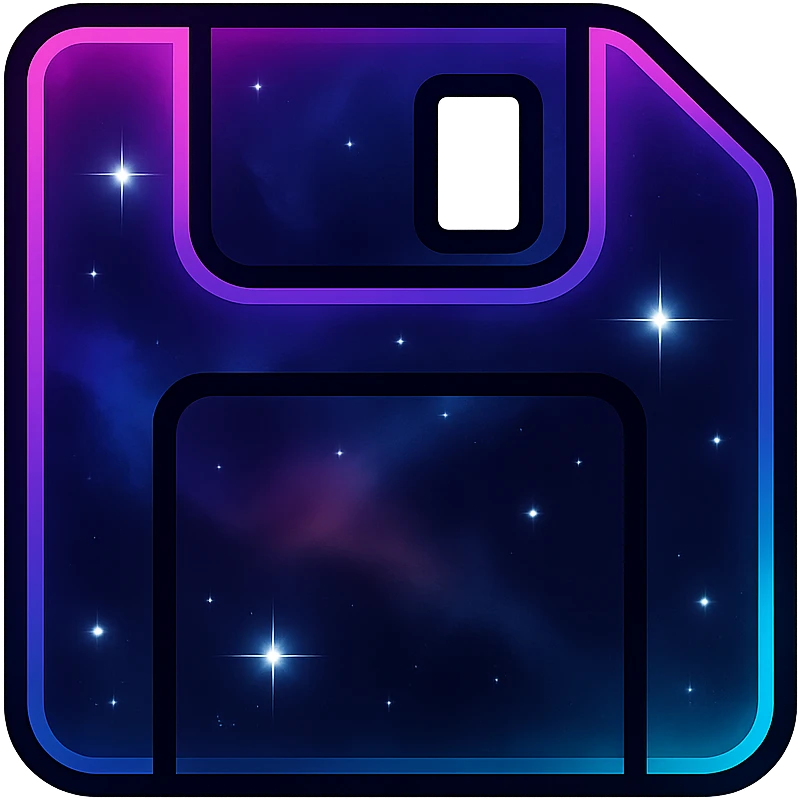 save icon, modern clean abstract save symbol with neon border and glowing effect, dark purples blues blacks base, nebula gradients, small bright stars, specular highlights, luminous look emoji