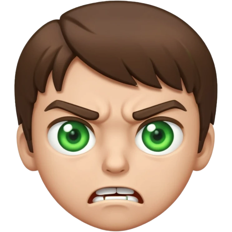Boy 10 years old, with overgrown brown hair with green eyes, angry, shows fuck emoji