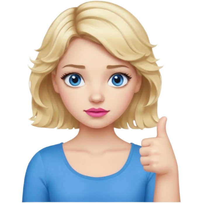 Girl Blonde short wavy hair,  blue eyes, cute blue top, long lashes, pink lips, thumbs down  emoji
