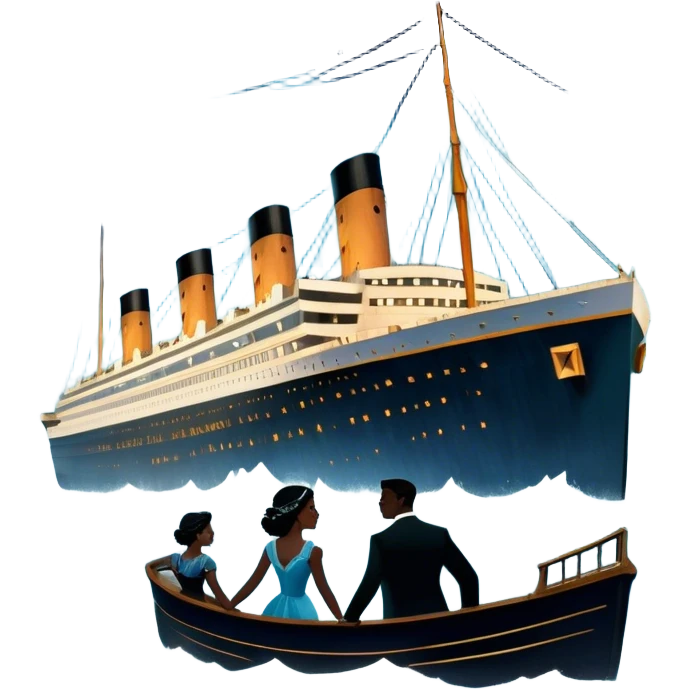 Icon for Titanic Movie: A vintage movie poster-style design featuring a dramatic scene of the ship, the iceberg, and a romantic silhouette of the main couple. Include elements like the ship’s bow, water splashes, and a starry sky in the background. Retro cinematic feel. Transparent background. emoji