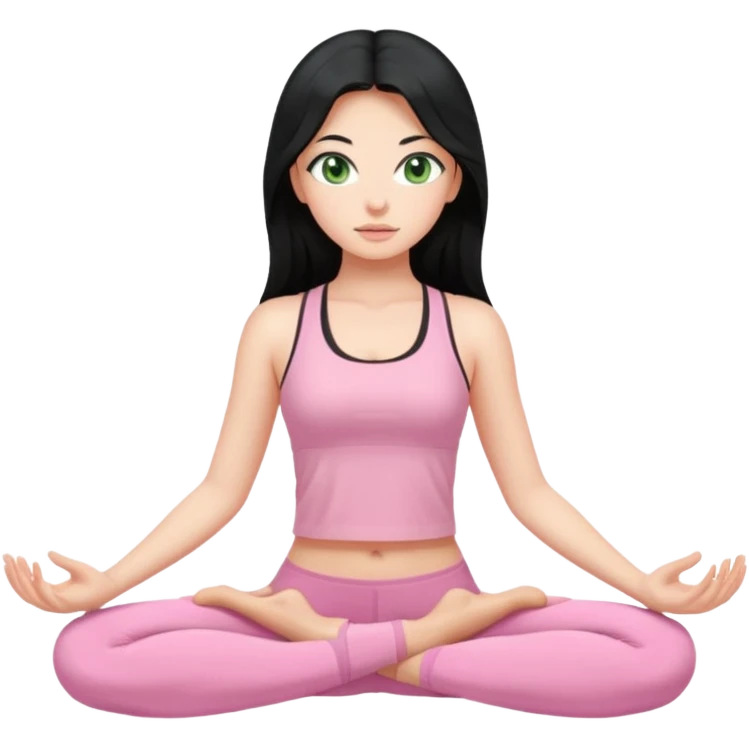 Girl with super long black hair with green eyes doing yoga with light pink clothes emoji