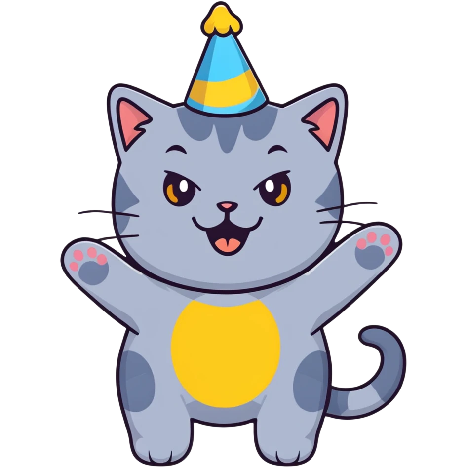 Joyful British shorthair blue cat with excited expression wearing a party birthday hat emoji