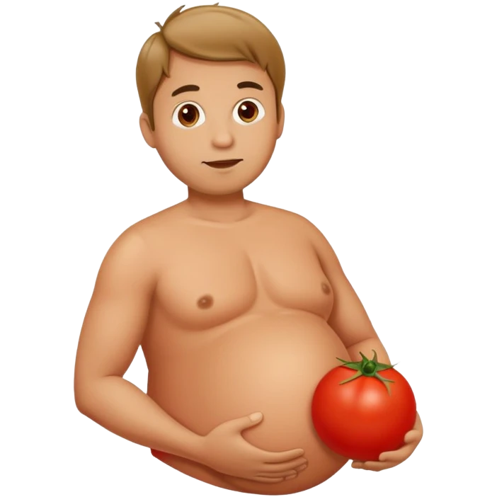 very pregnant man with a round red tomato as his pregnant belly emoji