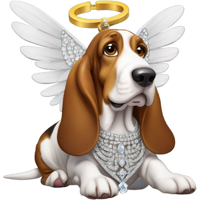 Elderly Basset hound with angel wings, wearing a large letter D bling necklace sat in a meadow  emoji
