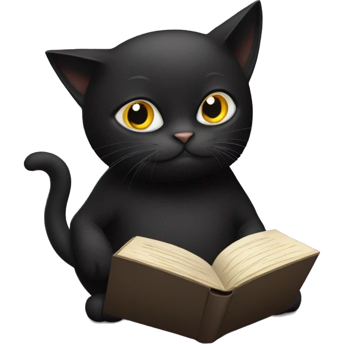 A black cat reading a book with the words miau miau on the cover emoji