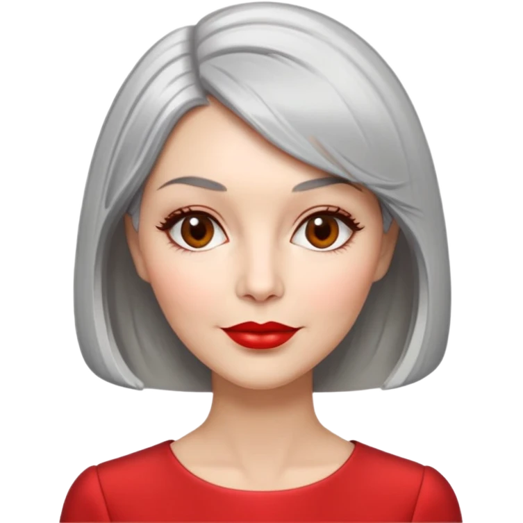 Sophisticated 70s woman with silver-gray bob cut, fair skin, almond eyes, distinctive cheekbones, wearing red lipstick and red blouse, warm friendly expression emoji