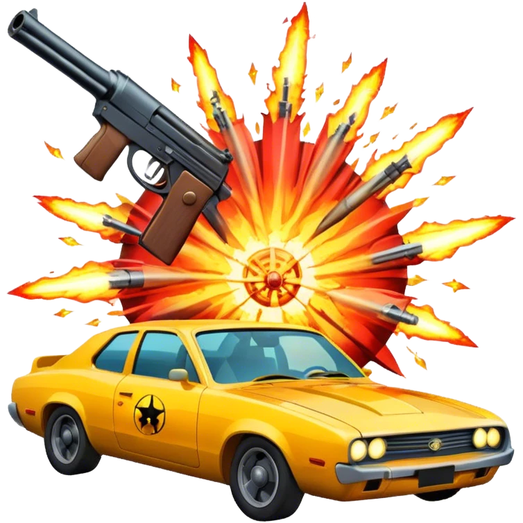 Icon for Action Movies: Close-up collage with dynamic explosions, guns, cars and heroic figures. Include iconic weapons, dramatic lighting and high-energy scenes that capture the essence of action films. Vibrant colors and intense motion. Transparent background. emoji