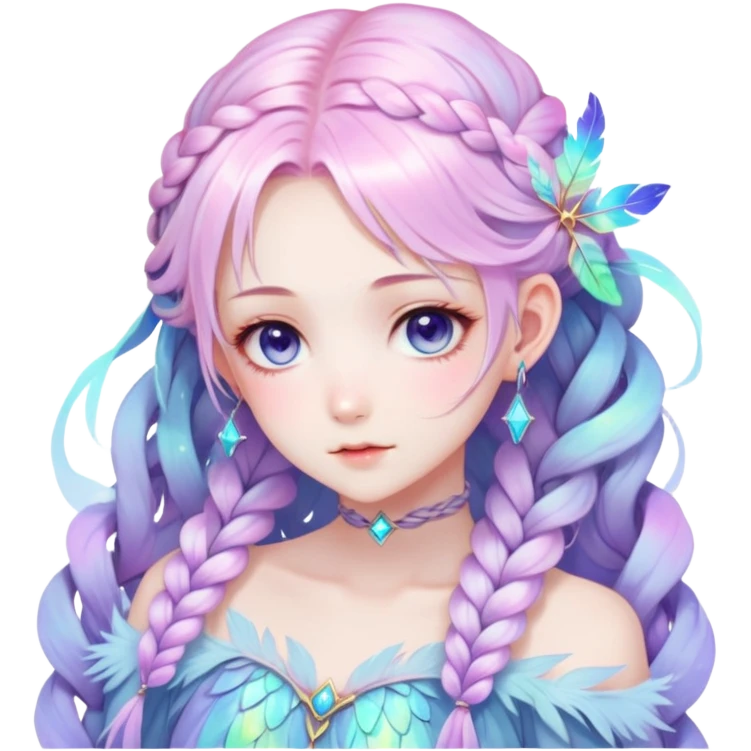 Beautiful gorgeous anime lady with beautiful iridescent-nebula-braided-hair, fashion aesthetic, ethereal, fairycore, pastelcore, feathers emoji