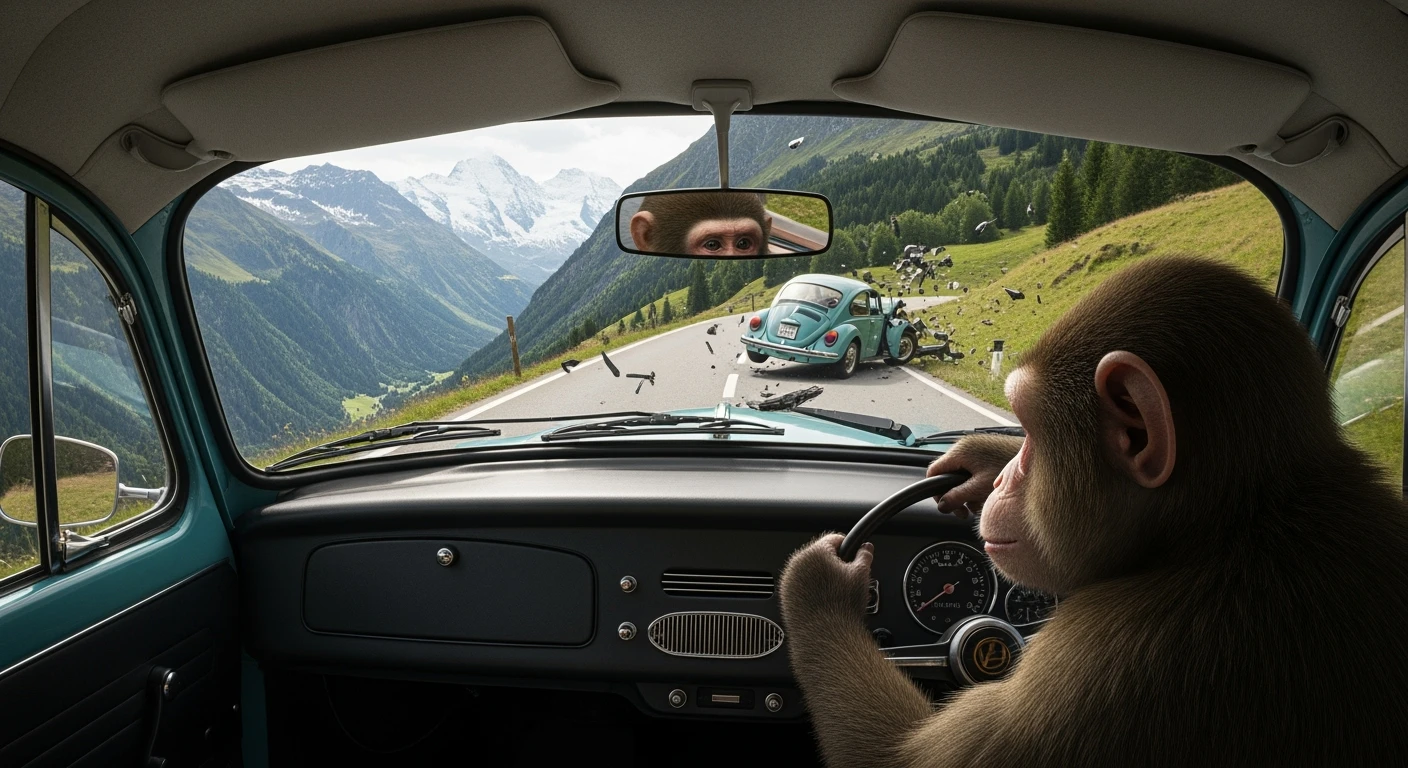 Realistic camshot pov of monkey drive a car (hands holding car wheel) switzerland road with car crash emoji