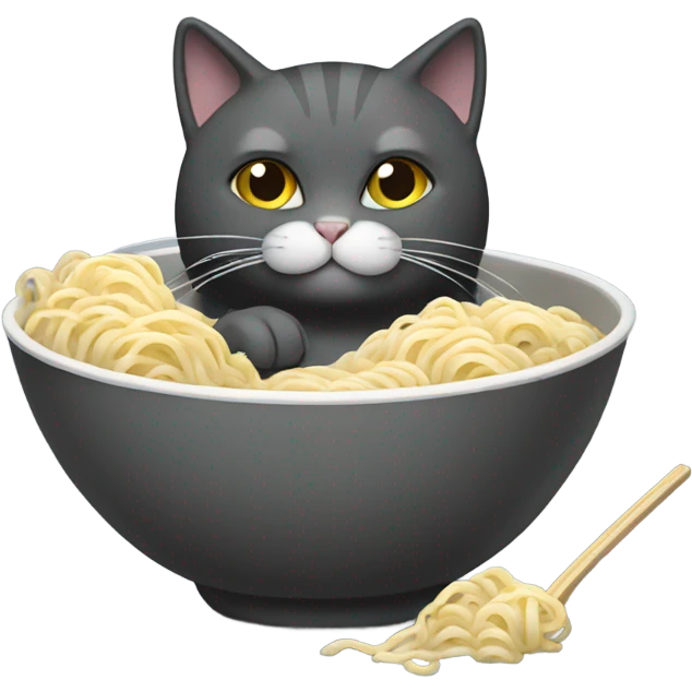 Solid dark gray cat with a little white eating ramen noodles  emoji