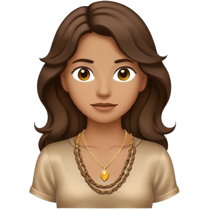 "Emoji femenino con cabello castaño oscuro, largo y ondulado. Tono de piel bronceado. Viste camisa satinada marrón clara y lleva collares delicados. Diseño minimalista pero elegante. emoji