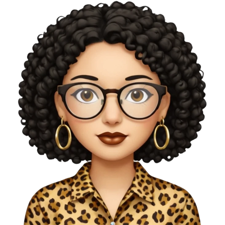 A women who wears glasses with a black curly hair, in a leopard print shirt, hoop earrings   emoji