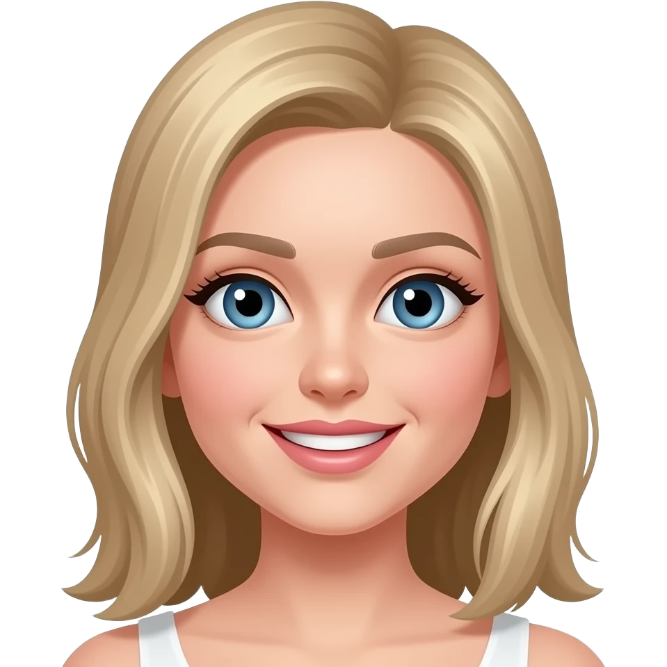 Just like this but hair Part is on right side.  Hair straighter and lighter in color.  Skin is also more pale/pinkish.  bigger eyes, thin lips, toothy smile. No lips.  Hair is a little longer.  lighter hair. blue eyes and longer hair. emoji
