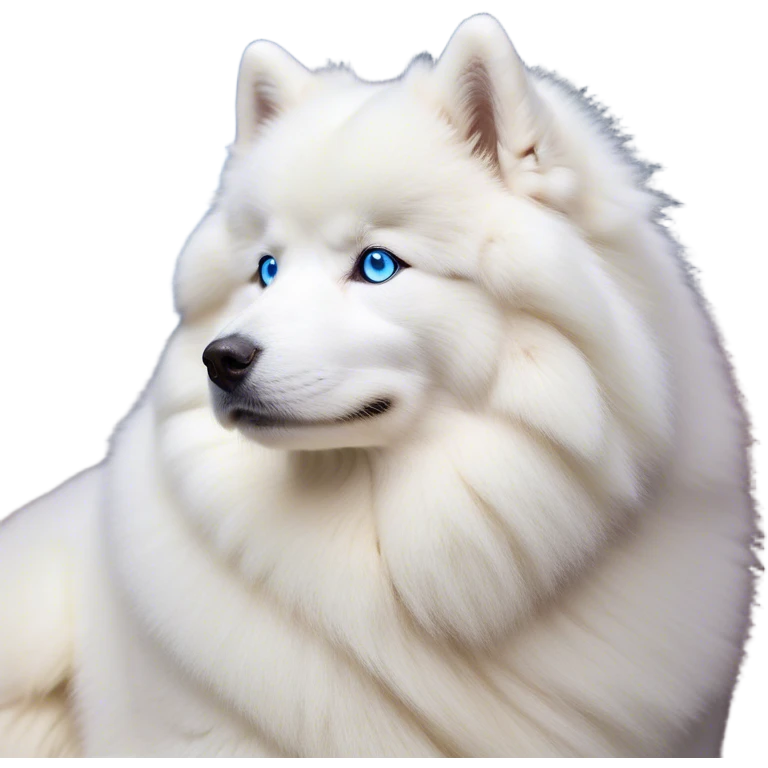 Cinematic Noble Samoyed Portrait Emoji, Poised and regal, with a majestic, sturdy build and a luxuriously fluffy pure white Fur, deep-set soulful blue eyes, Simplified yet sharp and sophisticated features, highly detailed, glowing with a soft, dignified glow, high shine, intelligent and gentle, stylized with an air of elegance, focused and attentive, soft glowing outline, capturing the essence of a watchful and confident companion, so majestic it feels as though it could bound out of the screen with effortless authority! emoji