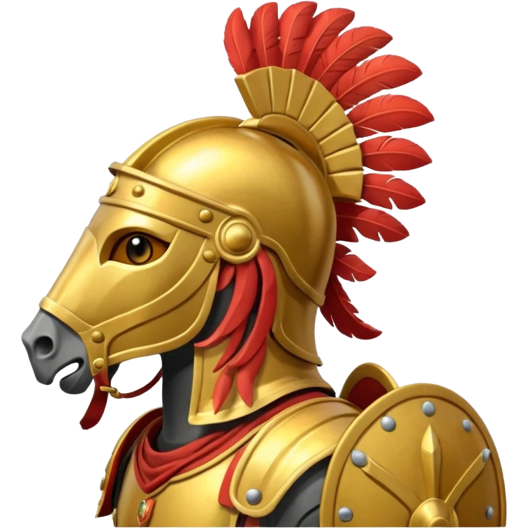 An emoji of a powerful Roman warhorse in full armor, with a feathered helmet. emoji