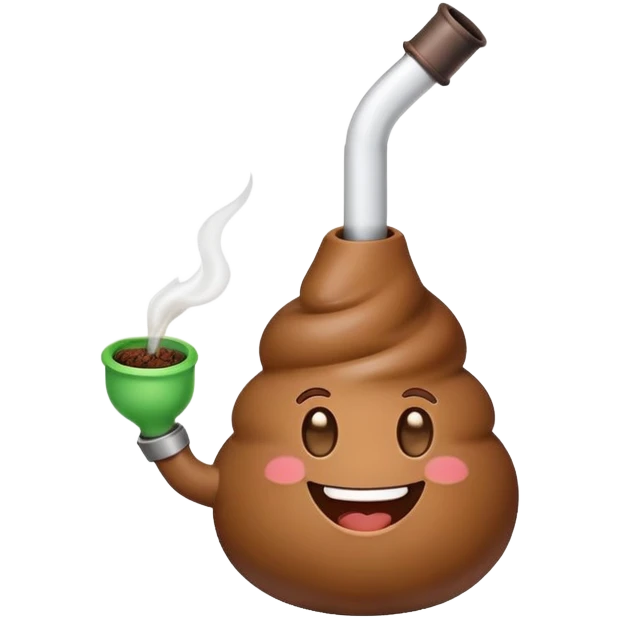 cute happy smiling poop emoji holding a smoking bong in hand emoji