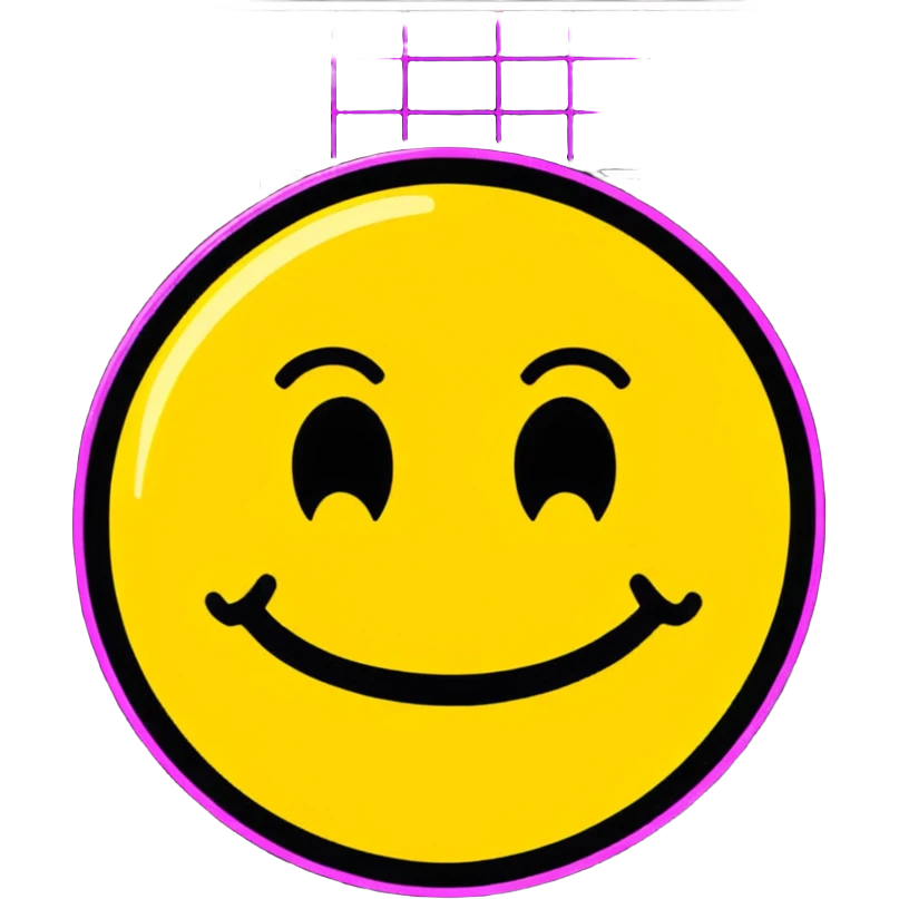 smiley face emoji as a sticker with 80's retro neon lines and grid emoji