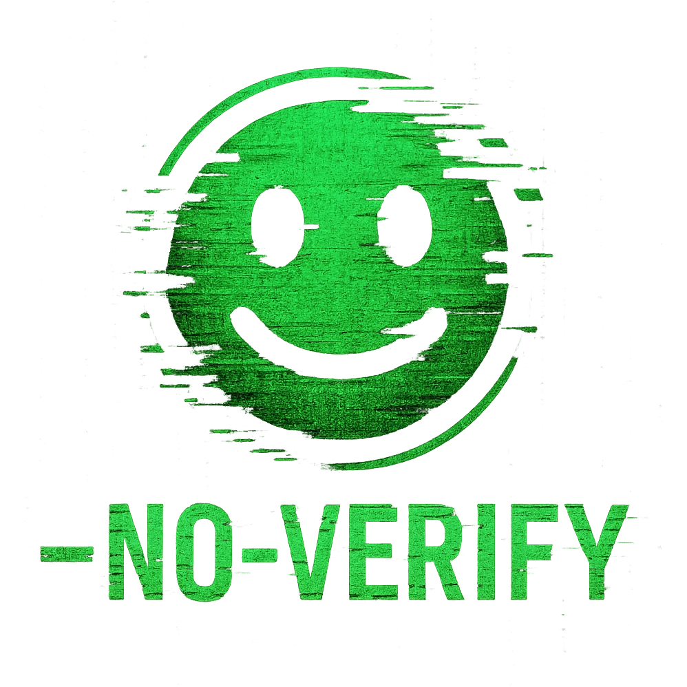 emoji style icon, '--no-verify' text, glitch effect, green and black color scheme, Matrix vibes emoji