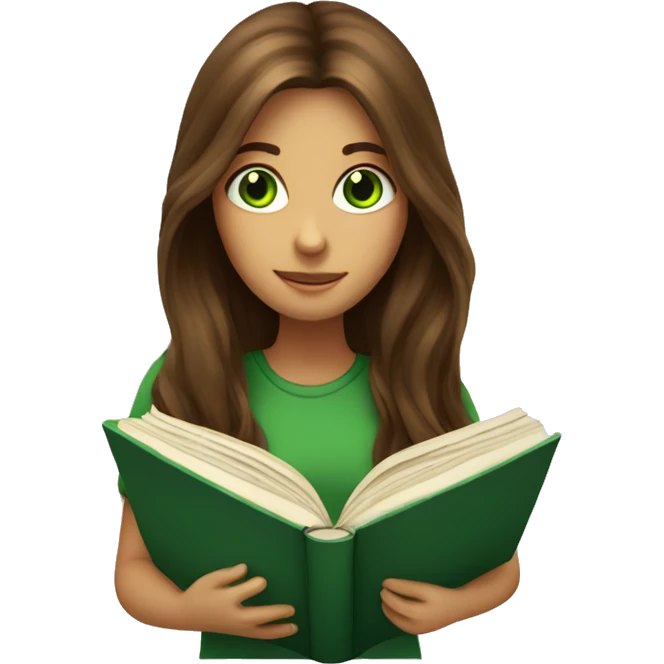 Brown long haired and green eyed girl reading a book emoji